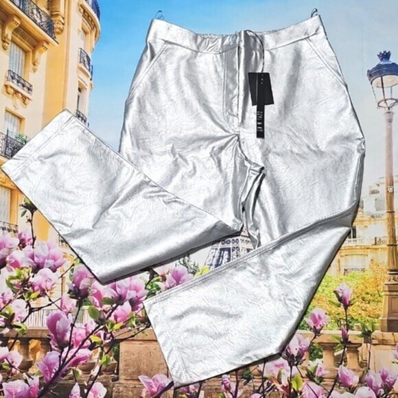 Ozai N Ku Silver Metallic High Waist Jeans Size XL New - Picture 2 of 10